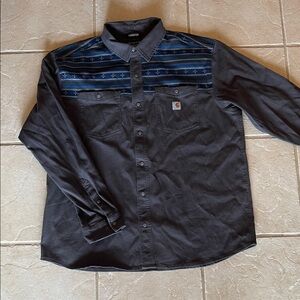 Carhartt Men's Grey Button-Down Shirt with Blue Western Yoke